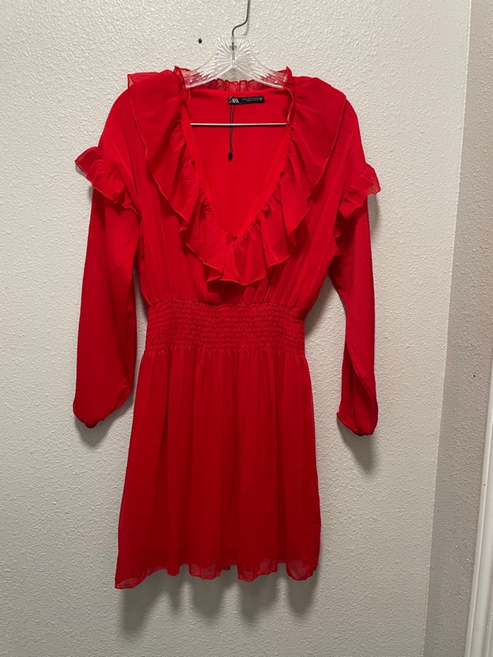 Zara Bright Red Ruffle V-Neck Long Sleeve Dress